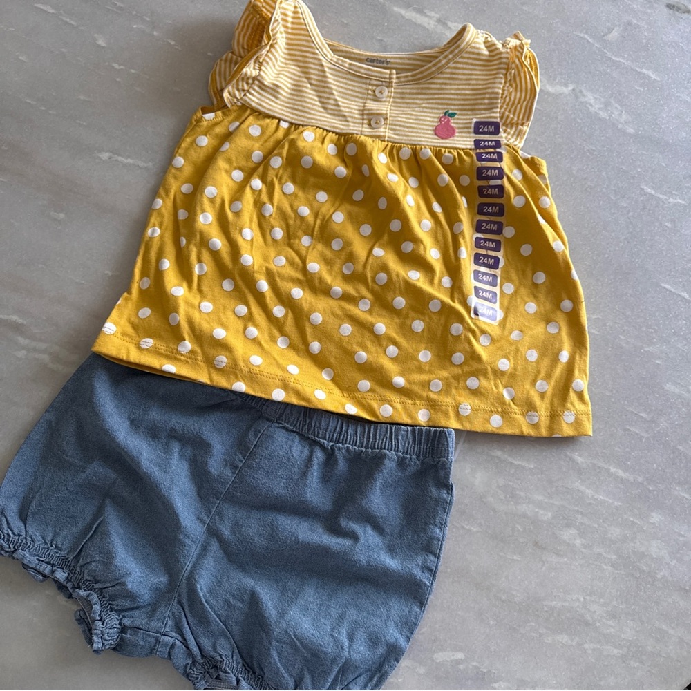 Carter’s  Yellow Polka Dot Baby Dress with Blue Shorts - 24 M
